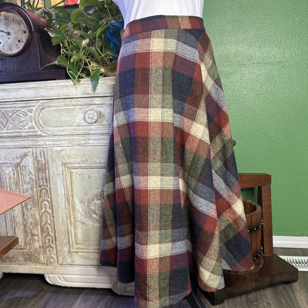 Vtg 70s Union Made Plaid Wool Blend Midi Skirt 28 Waist A-Line Academia Cottage